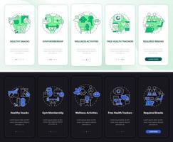 Staff wellbeing perks onboarding mobile app page screen. Walkthrough 5 steps graphic instructions with linear concepts. UI, UX, GUI template. Night and day mode. Myriad Pro-Bold, Regular fonts used vector