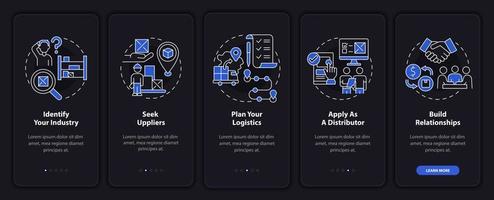 Steps to distribution startup onboarding mobile app page screen. Startup walkthrough 5 steps graphic instructions with concepts. UI, UX, GUI vector template with linear night mode illustrations