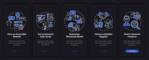 Consejos de inicio de distribución para incorporar la pantalla de la página de la aplicación móvil. tutorial de comercio mayorista 5 pasos instrucciones gráficas con conceptos. ui, ux, plantilla vectorial gui con ilustraciones lineales en modo nocturno vector