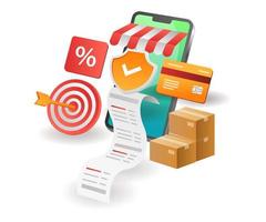 ilustración concepto isométrico. seguridad de las transacciones de compras en línea en las tiendas de comercio electrónico vector