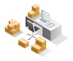 Isometric illustration concept. Computer desk storing warehouse goods data vector