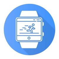 Fitness tracker running application blue flat design long shadow glyph icon. Smartwatch function and wellness service. Sport app. Speedometer and steps tracking. Vector silhouette illustration