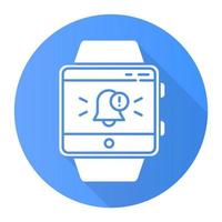 Push notifications smartwatch function blue flat design long shadow glyph icon. Fitness wristband capability. Alert box with specified message to user. Bell symbol. Vector silhouette illustration