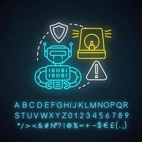 icono de concepto de luz de neón de robótica de seguridad. idea de tecnología de seguridad. tipos de robots, clasificación. protección de máquinas informáticas, protección. signo brillante con alfabeto. ilustración vectorial aislada vector