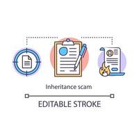 Inheritance scam concept icon. Paperwork fraud idea thin line illustration. Fake law company. Illegal actions through contract. Breaking the law. Vector isolated outline drawing. Editable stroke