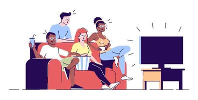 Watching movie in 3d glasses flat vector illustration. Friends, students enjoy film on TV set, with popcorn and drinks isolated together cartoon characters with outline elements on white background..