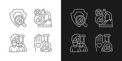 iconos lineales de instalaciones de investigación clínica establecidos para modo oscuro y claro. proyecto fallido. voluntario humano. símbolos de línea fina personalizables. ilustraciones aisladas de contorno vectorial. trazo editable vector