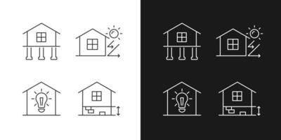 iconos lineales de edificios residenciales configurados para modo oscuro y claro. fundación de pilotes. Suministro de electricidad a domicilio. símbolos de línea fina personalizables. ilustraciones aisladas de contorno vectorial. trazo editable vector