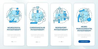 Physiotherapy blue onboarding mobile app page screen. Physical therapy types walkthrough 4 steps graphic instructions with concepts. UI, UX, GUI vector template with linear color illustrations