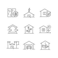 Home building standards linear icons set. Pest management. Lightning rod. Weather resistance. Customizable thin line contour symbols. Isolated vector outline illustrations. Editable stroke