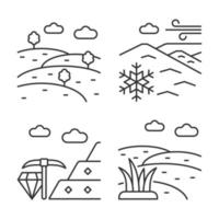 conjunto de iconos lineales de diversidad de tierras. elevación natural del terreno. industria minera de minerales. hielo perenne. símbolos de contorno de línea fina personalizables. ilustraciones aisladas de contorno vectorial. trazo editable vector