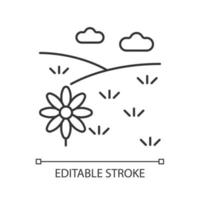 Meadow linear icon. Grass covered open land. Field with flowers. Grassland and pastureland. Thin line customizable illustration. Contour symbol. Vector isolated outline drawing. Editable stroke