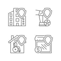 Insurance policy types linear icons set. Financial compensation at accidents. Customers safety in difficult situations. Customizable thin line contour symbols. Isolated vector outline illustrations