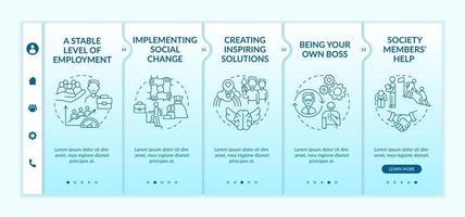 Benefits of social entrepreneurship onboarding vector template. Responsive mobile website with icons. Web page walkthrough 5 step screens. Society changes color concept with linear illustrations