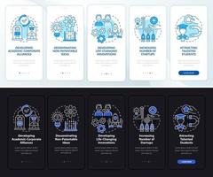 Tech sharing benefits onboarding mobile app page screen. Development walkthrough 5 steps graphic instructions with concepts. UI, UX, GUI vector template with linear night and day mode illustrations