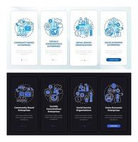 Social business focus dark, light onboarding mobile app page screen. Walkthrough 4 steps graphic instructions with concepts. UI, UX, GUI vector template with linear night and day mode illustrations