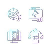 Gaining digital proficiency gradient linear vector icons set. Active listening. Researching info online. UX design. Thin line contour symbols bundle. Isolated outline illustrations collection