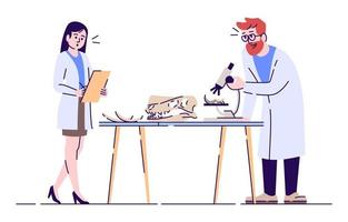 Laboratory analysis of prehistoric remains flat vector illustration. Paleontological researching. Man and woman studying old bones isolated cartoon characters with outline elements on white background
