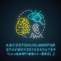 Vision intelligence and machine learning neon light concept icon. Smart computer system idea. Robotics knowledge. Thinking and analysing. Glowing sign with alphabet. Vector isolated illustration