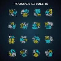 Robotics courses neon light concept icons set. Creating robots idea. Making electronics, devices. Lessons of robot modelling, developing, programming. Glowing vector isolated illustration