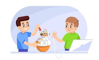 Boys creating robot flat vector illustration. Designing and programming for kids. Computer science for children. Robotics courses. Young students ready to connect droid to laptop cartoon characters