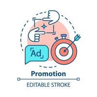 Promotion concept icon. Marketing, PR campaign idea thin line illustration. Target advertising. Customer attraction. Lead generation strategy. Vector isolated outline drawing. Editable stroke