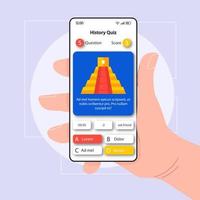 History knowledge check smartphone interface vector template. Mobile app page white design layout. Historical quiz screen. Flat UI for application. Hand holding phone with question, answers on display