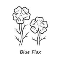 Blue flax plant linear icon. Thin line illustration. Linen wild flower with name inscription. Spring blossom. Blooming linum wildflower inflorescence. Contour symbol. Vector isolated outline drawing