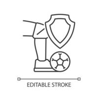 Sport accident insurance linear icon. Athletes financial support by injury rehab. Thin line customizable illustration. Contour symbol. Vector isolated outline drawing. Editable stroke. Arial font used