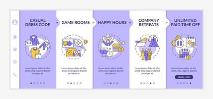 Workplace environment perks onboarding template. Happy hours. Responsive mobile website with linear concept icons. Web page walkthrough 5 step screens. Lato-Bold, Regular fonts used vector