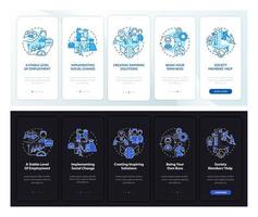 Social business benefits dark, light onboarding mobile app page screen. Walkthrough 5 steps graphic instructions with concepts. UI, UX, GUI vector template with linear night and day mode illustrations