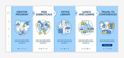 Staff development perks onboarding template. Travel to conferences. Responsive mobile website with linear concept icons. Web page walkthrough 5 step screens. Lato-Bold, Regular fonts used vector