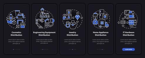 Choosing goods for distribution tips onboarding mobile app page screen. Trade walkthrough 5 steps graphic instructions with concepts. UI, UX, GUI vector template with linear night mode illustrations