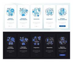 Social business features dark, light onboarding mobile app page screen. Walkthrough 5 steps graphic instructions with concepts. UI, UX, GUI vector template with linear night and day mode illustrations