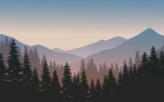 silueta neblinosa de montaña y bosque de pinos vector
