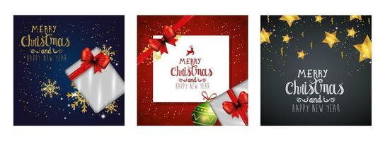 set poster of merry christmas and happy new year with decoration vector