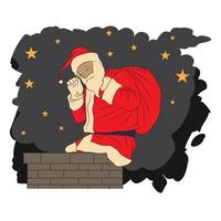 Santa claus sitting on chimney with bag of presents vector