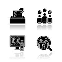 Survey methods drop shadow black glyph icons set. Anonymous poll, TV channel rating. Focus group. Interview. Public opinion. Customer review. Feedback. Data collection. Isolated vector illustrations