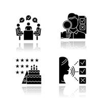 Survey methods drop shadow black glyph icons set. Group administered questionnaire. High rating. Testimonial. Customer audio review. Event evaluation, expert survey. Isolated vector illustrations