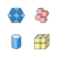 Geometric figures color icons set. Flat hexagon with ornate curves. Dimensional six corner combs. Prism solid model. Cube with grid. Abstract shapes. Isometric forms. Isolated vector illustrations