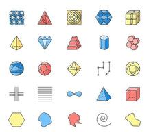 Geometric figures color icons set. Squares, circles and triangles. Double pyramid. Prism models. Complex abstract shapes. Isometric forms with lines and curves. Isolated vector illustrations