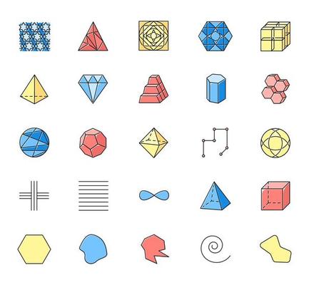 Geometric figures color icons set. Squares, circles and triangles. Double pyramid. Prism models. Complex abstract shapes. Isometric forms with lines and curves. Isolated vector illustrations