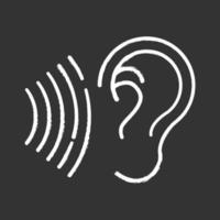Sound signal chalk icon. Audible soundwave idea. Listening ear. Loud noise perception. Voice call, sound susceptibility. Hearing ability. Hearable audio signal. Isolated vector chalkboard illustration