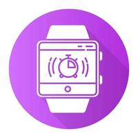 Stopwatch fitness tracker function purple flat design long shadow glyph icon. Smartwatch wristband capability.Timer, split interval, countdown. Milliseconds measurement. Vector silhouette illustration