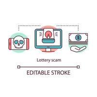 Lottery scam concept icon. Fortune games idea thin line illustration. Game of chance fraud. Fake lotto companies. Losing money. Spam message. Vector isolated outline drawing. Editable stroke