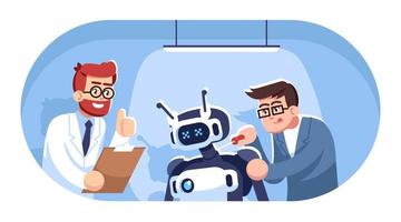 Robot creation flat vector illustration. Cyborg workshop. People constructing mechanical person. Droid repairing service. Robotics courses. Young men assembling bot cartoon characters