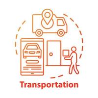 Transportation industry concept icon. Express home delivery business idea thin line illustration. Customer service. Van, smartphone and courier with package vector isolated outline drawing
