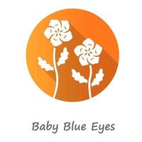 Baby blue eyes orange flat design long shadow glyph icon. Linen blooming flower with name inscription. Nemophila menziesii garden plant. Blue flax. Wildflower blossom. Vector silhouette illustration