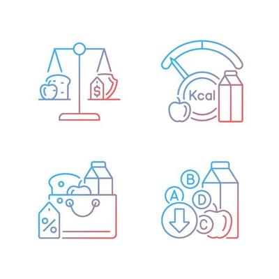 Insufficient food consumption gradient linear vector icons set. Malnutrition and hunger issue. Grocery products sale. Thin line contour symbols bundle. Isolated outline illustrations collection