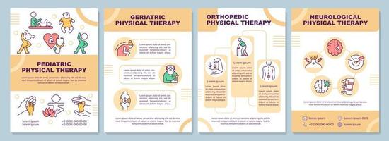 plantilla de folleto de tipos de terapia física. cuidado de la salud. folleto, folleto, impresión de folleto, diseño de portada con iconos lineales. diseños vectoriales para presentación, informes anuales, páginas de publicidad vector